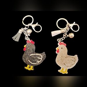 Set Of 2 Rhinestone Chicken Bag Charms – Sparkly Farmhouse Keychain Accessories